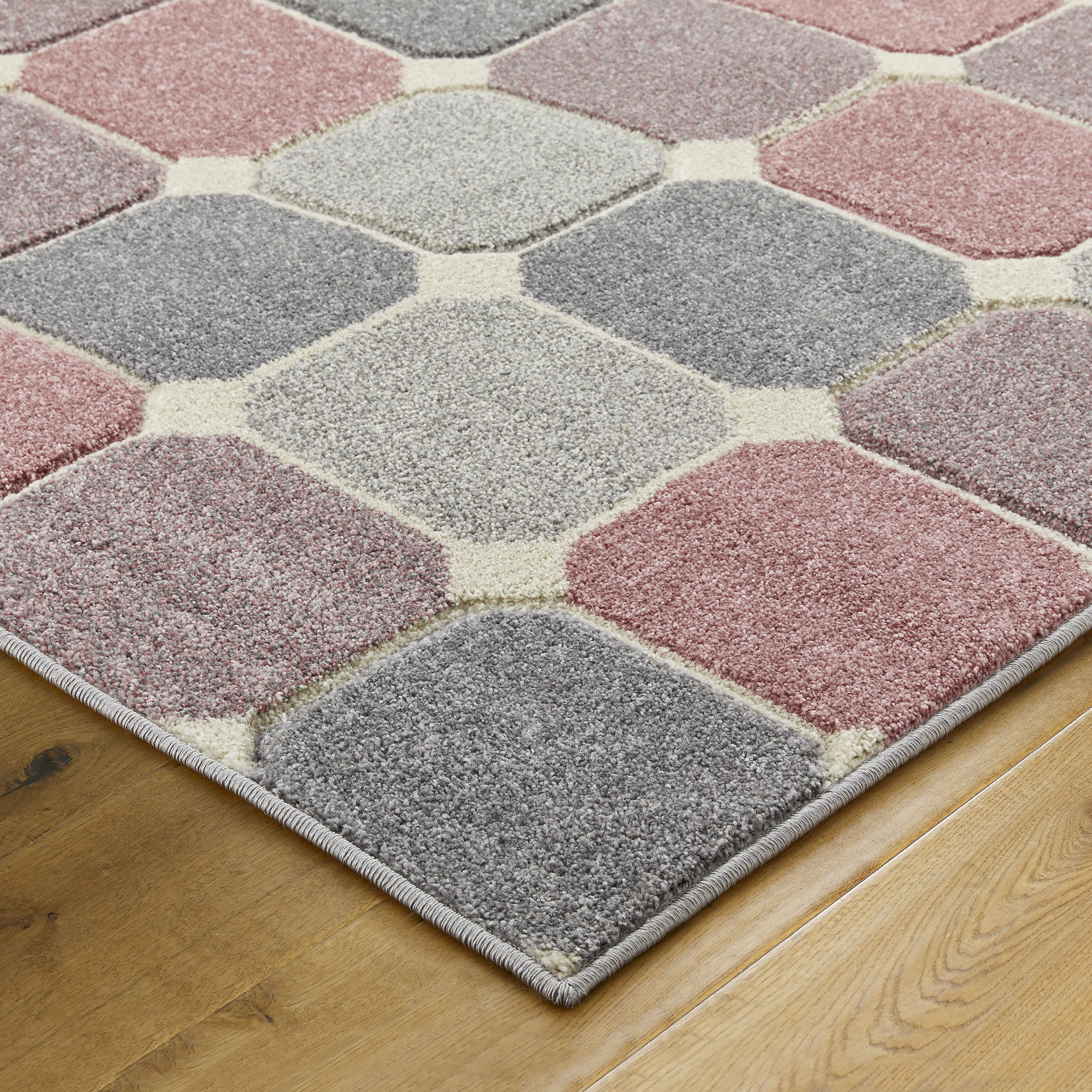 Portland 172 P Geometric Block Runner Rugs in Pink Grey Cream60x230 (Runner)